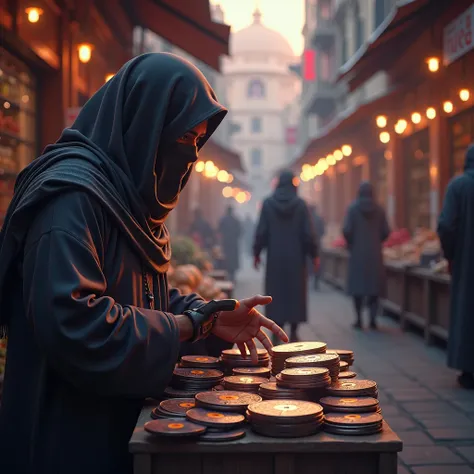  (Extremely detailed 8k unity CG wallpaper), (best illustration), (best shadow), Realistic lighting, beautiful detailed glow, man coated in hijab selling a video game disk on arabian market 