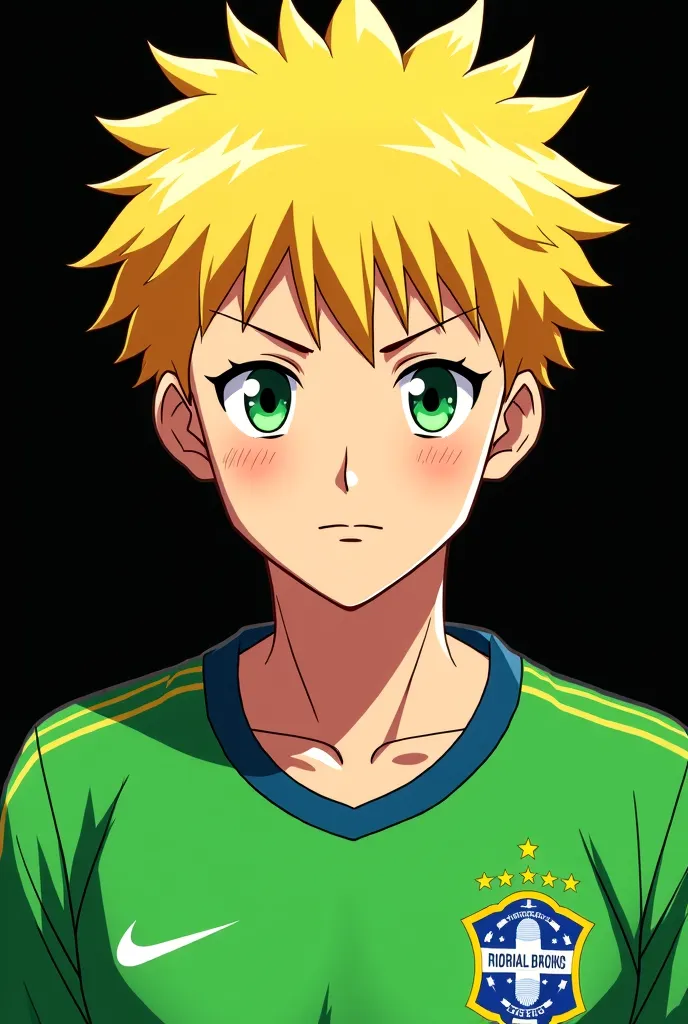 Male anime cartoon yellow hair Brazilian national team jersey green eyes black background 