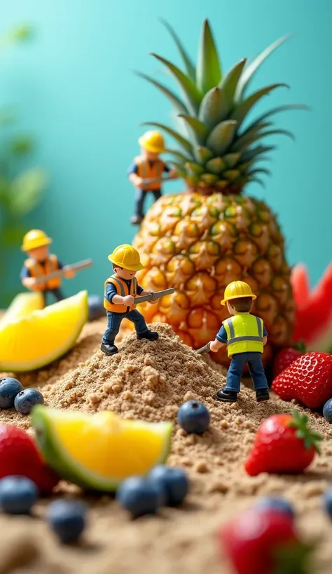 Prompt:
"A whimsical and ultra-detailed miniature world where tiny construction workers in yellow safety vests and helmets are hard at work on a surreal fruit landscape. Instead of soil and concrete, their construction site is a vibrant fruit platter fille...