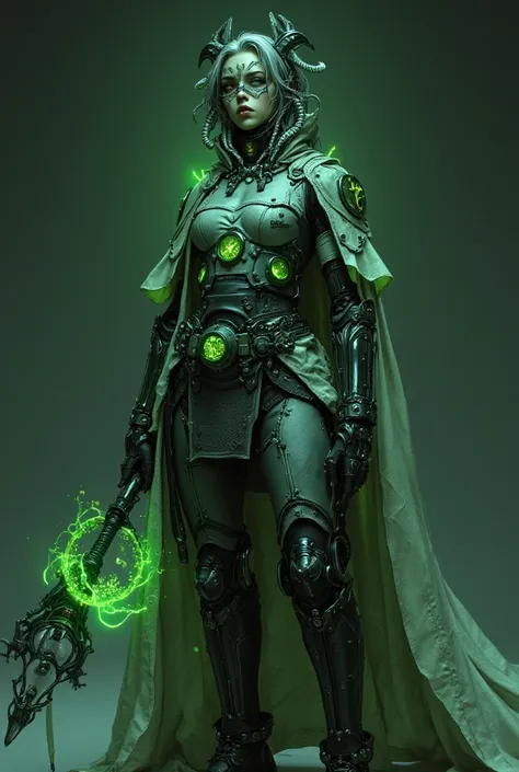 Full-body portrait of a futuristic female mage, biomechanical armor fused with robotic parts:  
1. **Design**: Matte metal armor with glowing green biotech panels, exposed mechanical joints (gears/pipes), right arm replaced by a hydraulic claw gauntlet emi...