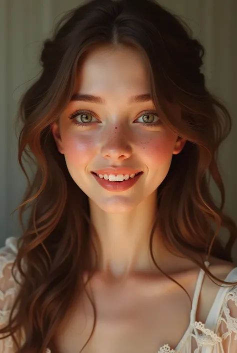 Image of a woman with brown hair, big eyes,  smiling, white skin, Cheeks with blush and freckles 