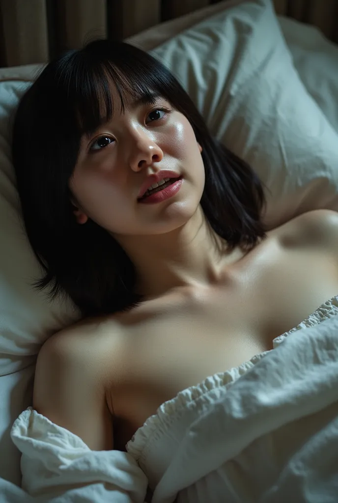 Take off all the clothes you're wearing、lying on the bed、covering her body with sheets、 Hair, medium hair, Disheveled Hair, chest, in front of their chest,  crying expression, 