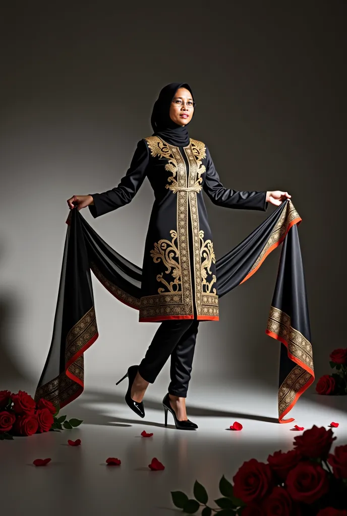 one malay woman wearing a inner hijab Wearing A Fully hijab dressed in a traditional malay songket kebaya in black and gold and decorated with sparkling bead embroidery on the sleeves and the hem of the kebaya. with a traditional malay gold headdress. wear...