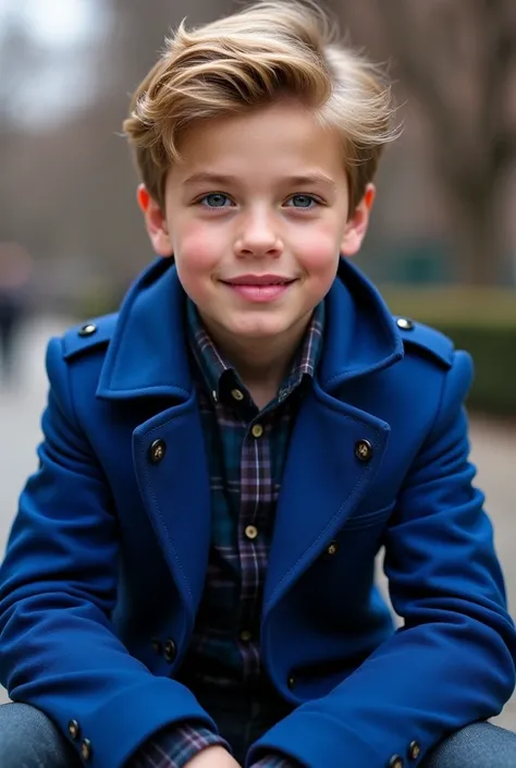 A European boy, handsome,  young, white,  pink lips, ash-blond hair, marked jaw, sitting in a blue coat 