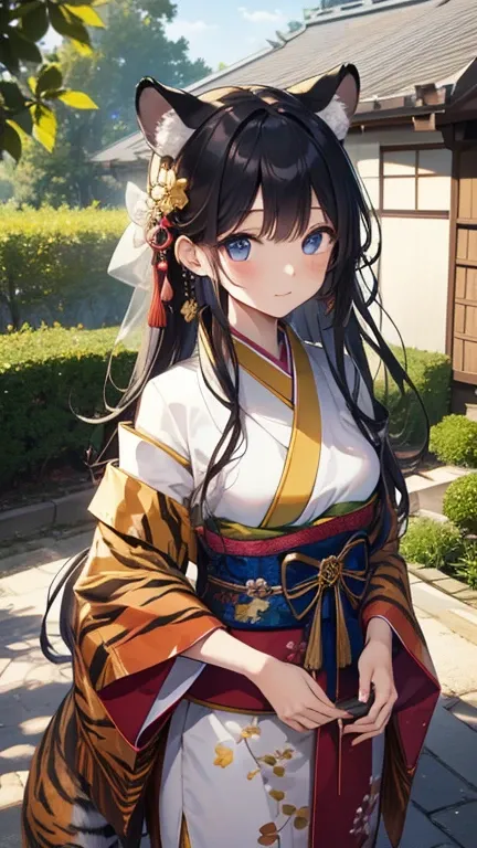   Beautiful and Delicate Japanese Girls 、  Ultra High Quality , hair, Tigerの毛皮 、one girl、 gold、hair ornament close to the garden、long hair、 half up、Wearing Japanese-style Costumes、There are fine blue and white details on the tips of their ears、In Fluffy Ea...