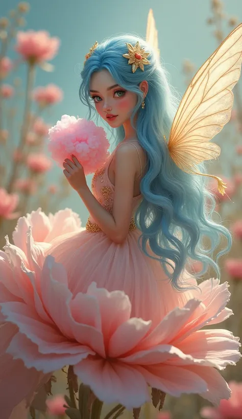 fantasy art, a fairy with blue hair sits on a big flowerVery long hair,  gradient hair , Hair is pinned on one side , hair ornament, silk dress delicate golden veil long transparent fabric, transparent wings, big beautiful eyes, and eat cotton candy pink