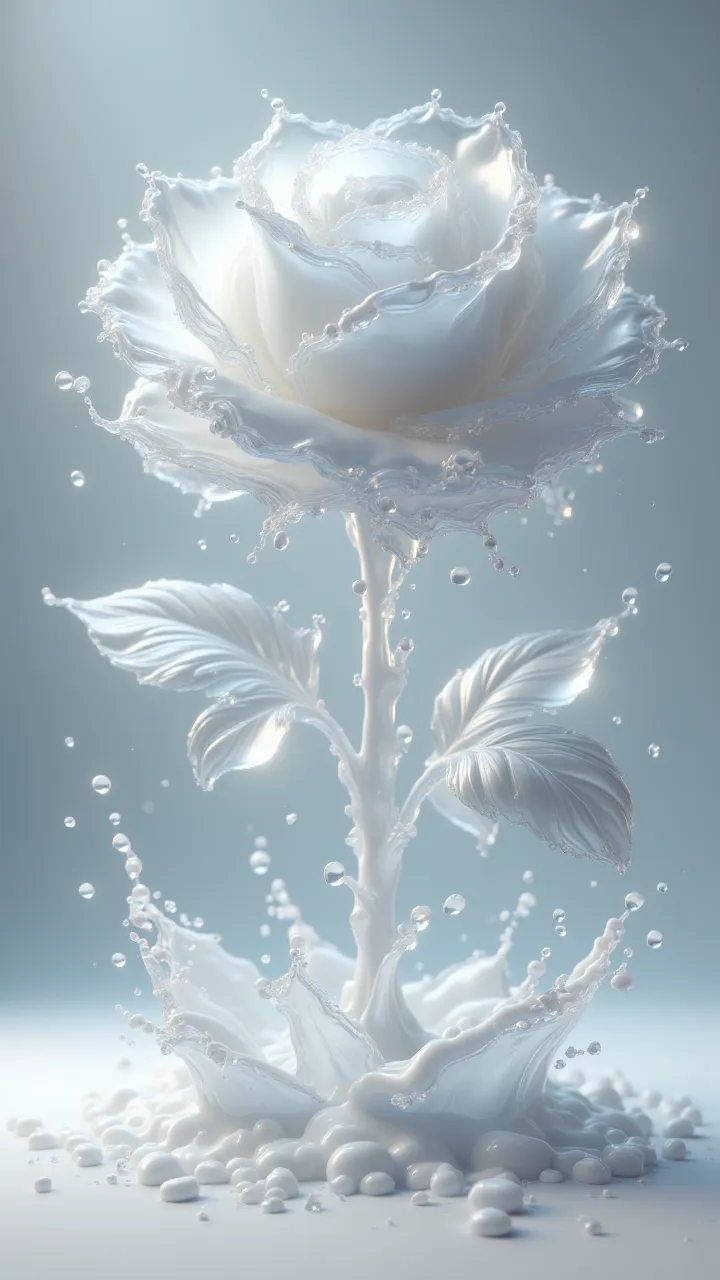 masterpiece, abstract white rose made of milk, 8k, hdr, ultra-detailed, photorealistic, studio lighting, physically-based rendering, pearls soft lighting, petals made of white milk, rose floating in surreal environment, milk dripping from petals, glowing h...