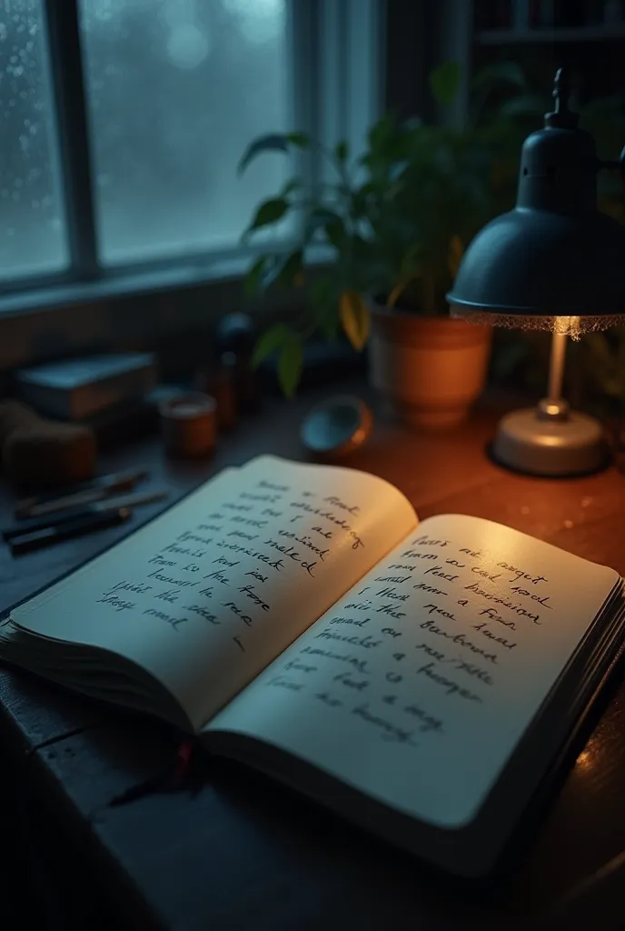 A journal lying open on her desk – Words scribbled down: “Fear is just a shadow waiting for light.”

At night in a rainy day