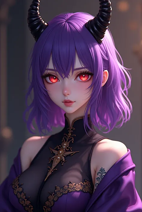 ((Top Quality )), ((masterpiece)), ( Details) beauties, Age 25, purple medium hair, Red Eyes,  long bangs, Demon Horn, Cold-Hearted Eyes ,  Noble Attire,  Height: 160cm  