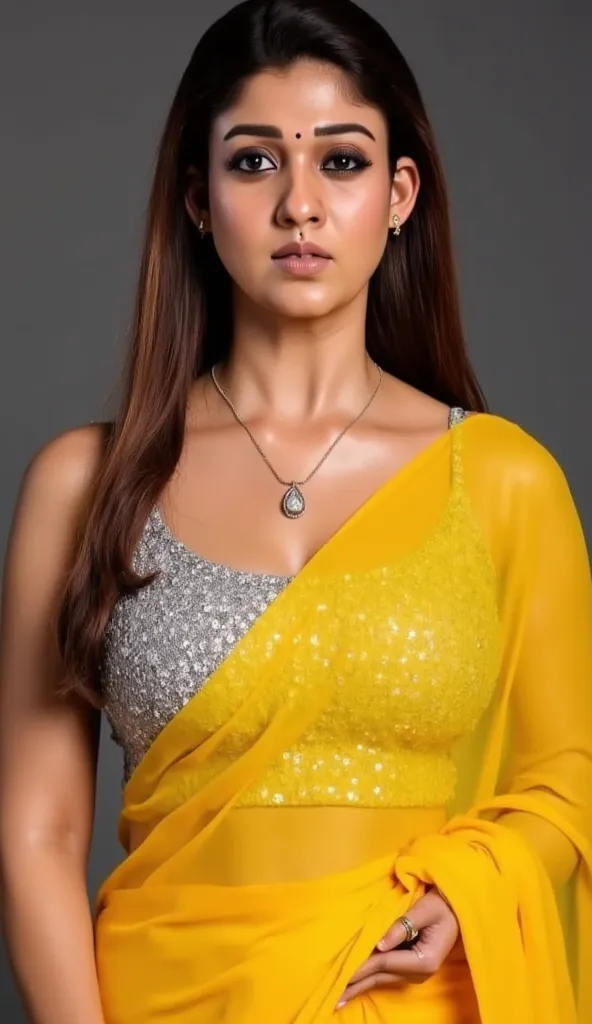 Generate a ultra realistic close up image of a woman in a yellow saree. She is wearing a silver shimmering blouse with mirror sequins. It has no sleeves, has a silver satin finish with spaghetti straps. Face and body facing straight at the camera. She is g...