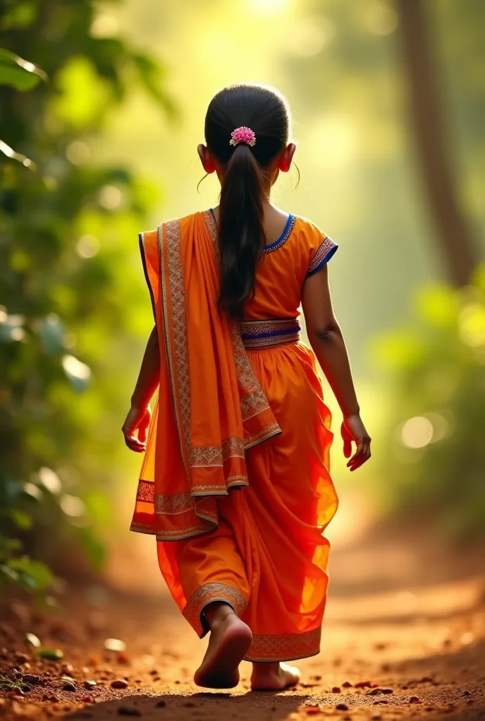 A littile girl walking stright and the girl were wearer kerala traditional costume and the photo were see Her back
