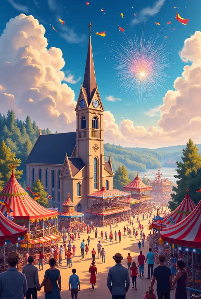 A fireworks fair with a small church cast in the background and in front of stands of fairs, parties and mechanical games cast in watercolor 