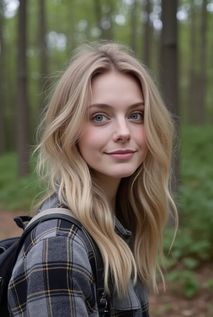 Photo of beautiful 24 y.o Kate Mildrew, blonde hair,  blue eyes, detailed eyes, pale skin, forest, hiking, grey with black stripes urban outfitters  flannel, cute, happy, hyper-realistic, Photograph, rule of thirds, adventure, Instagram