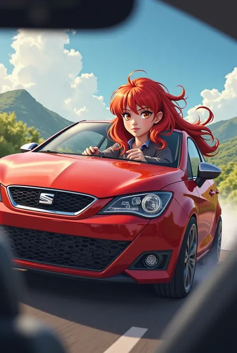 Redhead girl drives in bordo red Seat Ibiza car