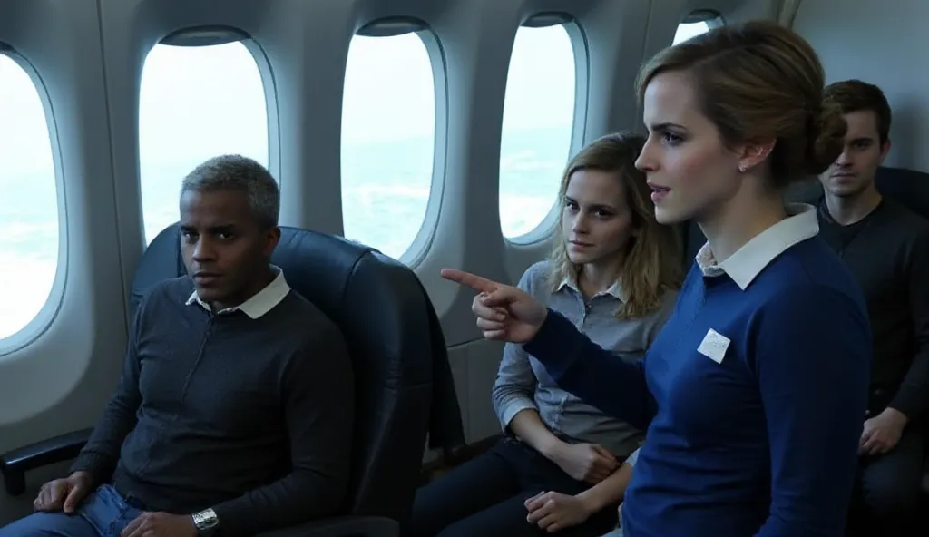 {
  "prompt": "A tense scene inside an airplane. The flight attendant, a blonde woman with her hair in a neat bun, wears a blue uniform with a name tag. Her face is sharp with anger, and she is shouting at the couple. An elderly Black couple, wearing casua...