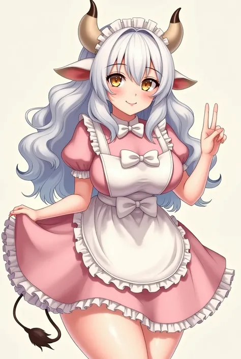  An anime-style girl, she has curly white hair, Saggy cow ears, small beige horns,  pale skin,  golden eyes. She is fat, with huge breasts,  very big thighs , And she has a cow's tail. She wears a light pink maid dress with white bows