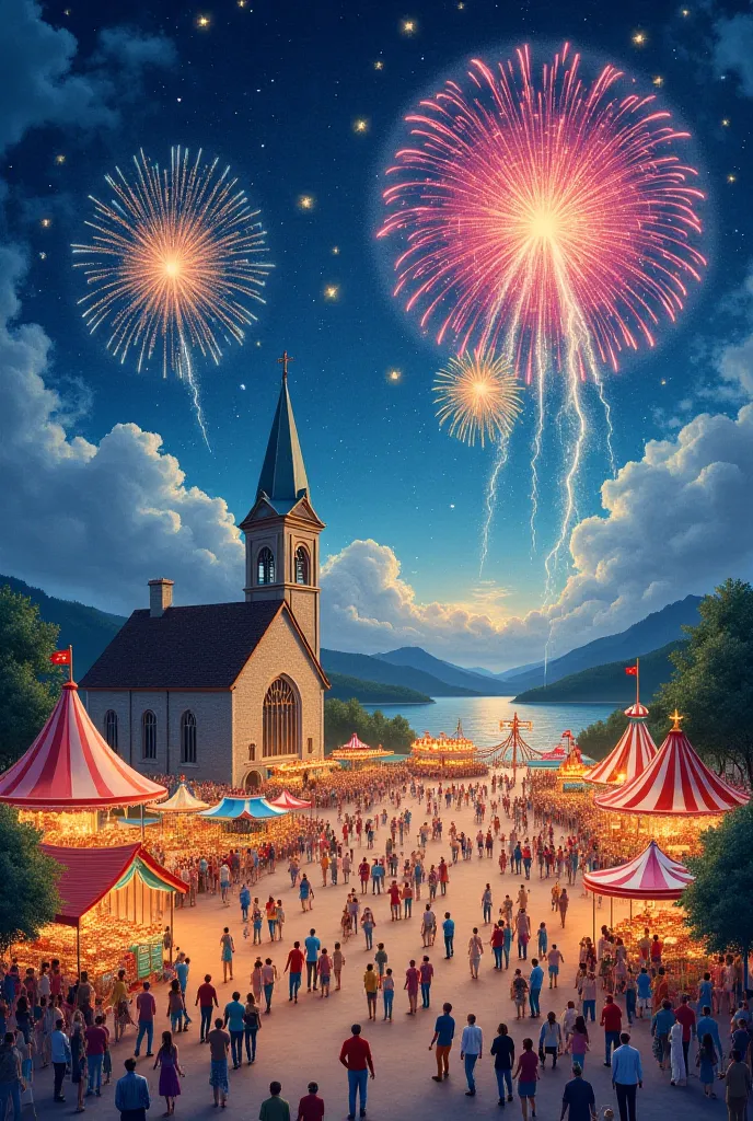 A fireworks fair, with a small church cast of stones in the background and in front of stands, fairs, parties and mechanical games, presented as a painting made with watercolor. 