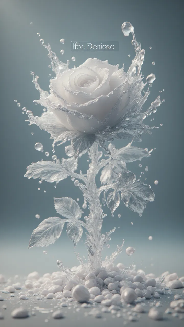 masterpiece, abstract white rose made of milk, With the text "for Denisa" 8k, hdr, ultra-detailed, photorealistic, studio lighting, physically-based rendering,Shell pearls soft lighting, petals made of white milk, rose floating in surreal environment, milk...