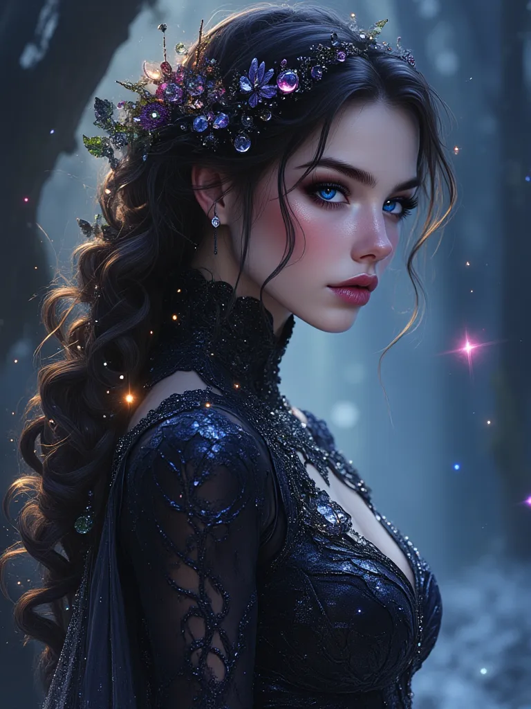 oil painting hyperrealistic fantasy, Beautiful 25-year-old Russian woman with Russian features, Very long and perfectly wavy jet black hair, sapphire blue eyes, shiny reddish lip gloss, white skin de porcelana como muñeca,  pink cheeks, A jet black dress w...