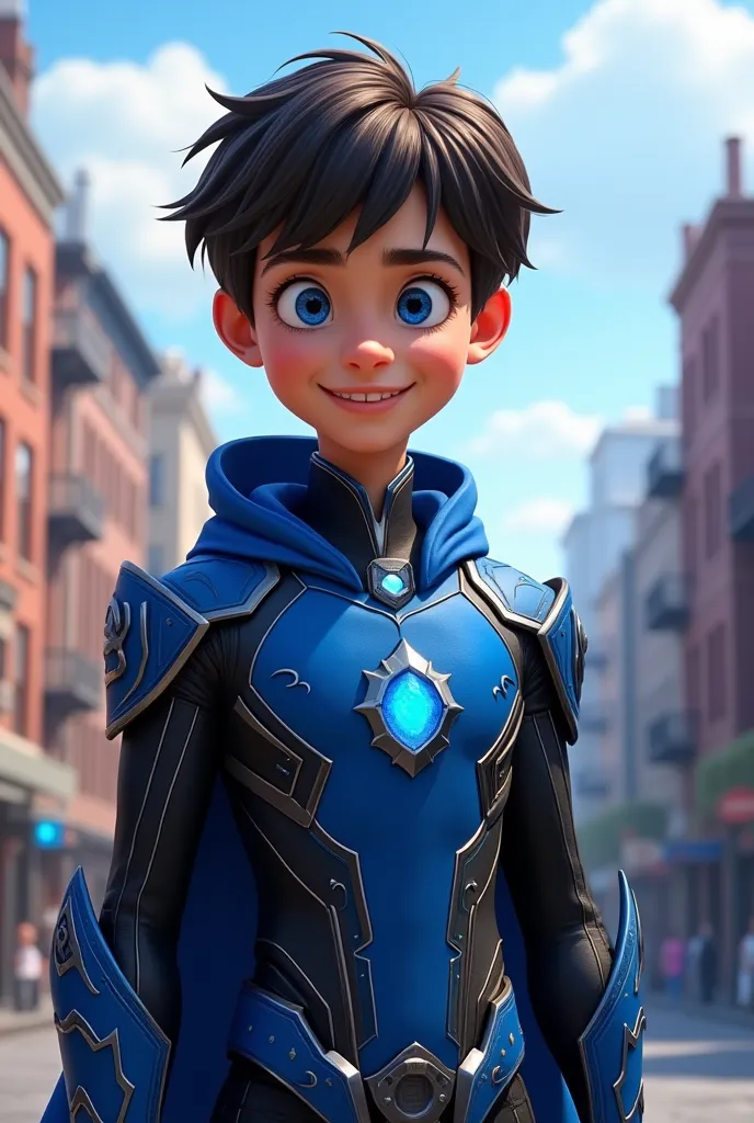 In the Disney style of chirping, 1 boy, , eyes : blue, bluearmor: 1.2, Elon Gated Years: 0.8), (city New York: 1.5,  arms:  Energy Blade ), (fantasy setting: 1.2,  natural light: 1.5, confident look), ( Panorama : 1.2),,  smile, angle, , chrome,  full body...