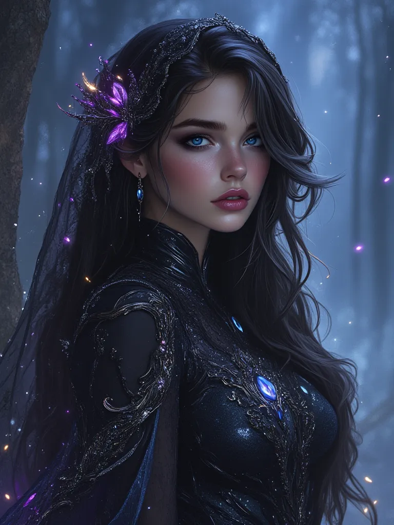 oil painting hyperrealistic fantasy, Beautiful 25-year-old Russian woman with Russian features, Very long and perfectly wavy jet black hair, sapphire blue eyes, shiny reddish lip gloss, white skin de porcelana como muñeca,  pink cheeks, A jet black dress w...