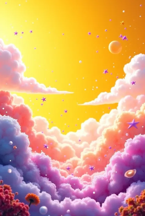 Create a yellow background with purple, White , rosa,purple and black,with clouds and stars  