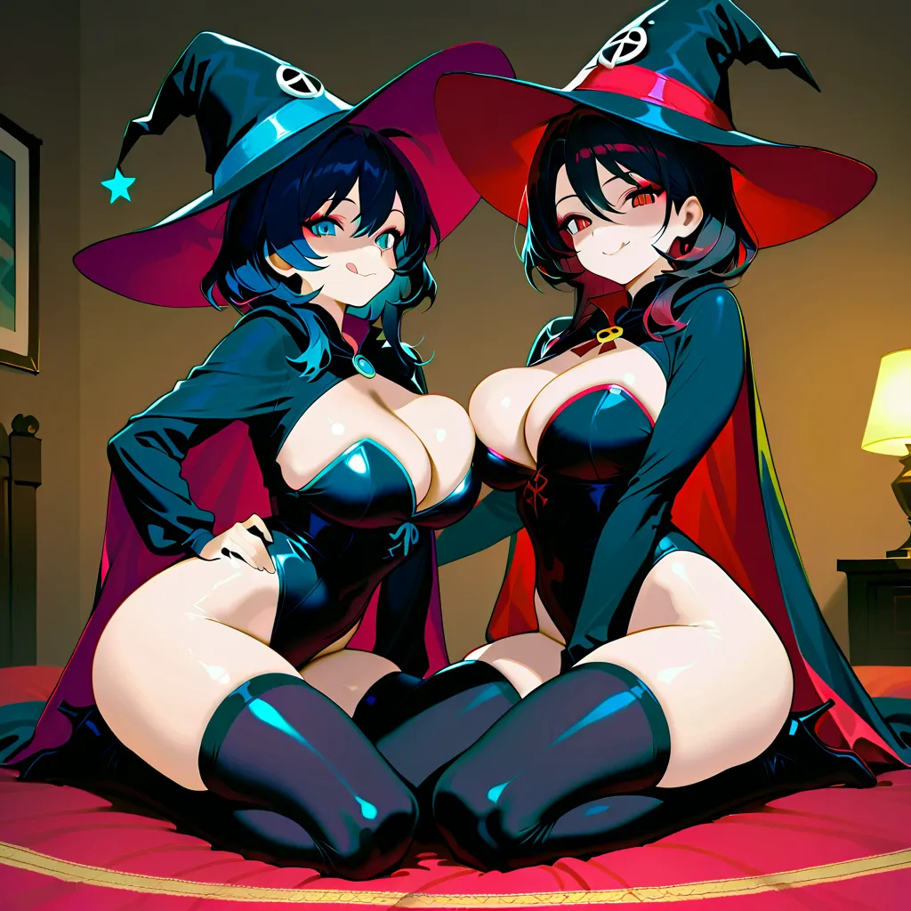  witches series, witch outfits, wizard hats, big bosom, buxom, 2 womans, curvy body, they're together, they're posing together for a photo, ((they're together Making a playful pose)), tongue out (playfully), their big bosoms ARE firmly pressed against each...