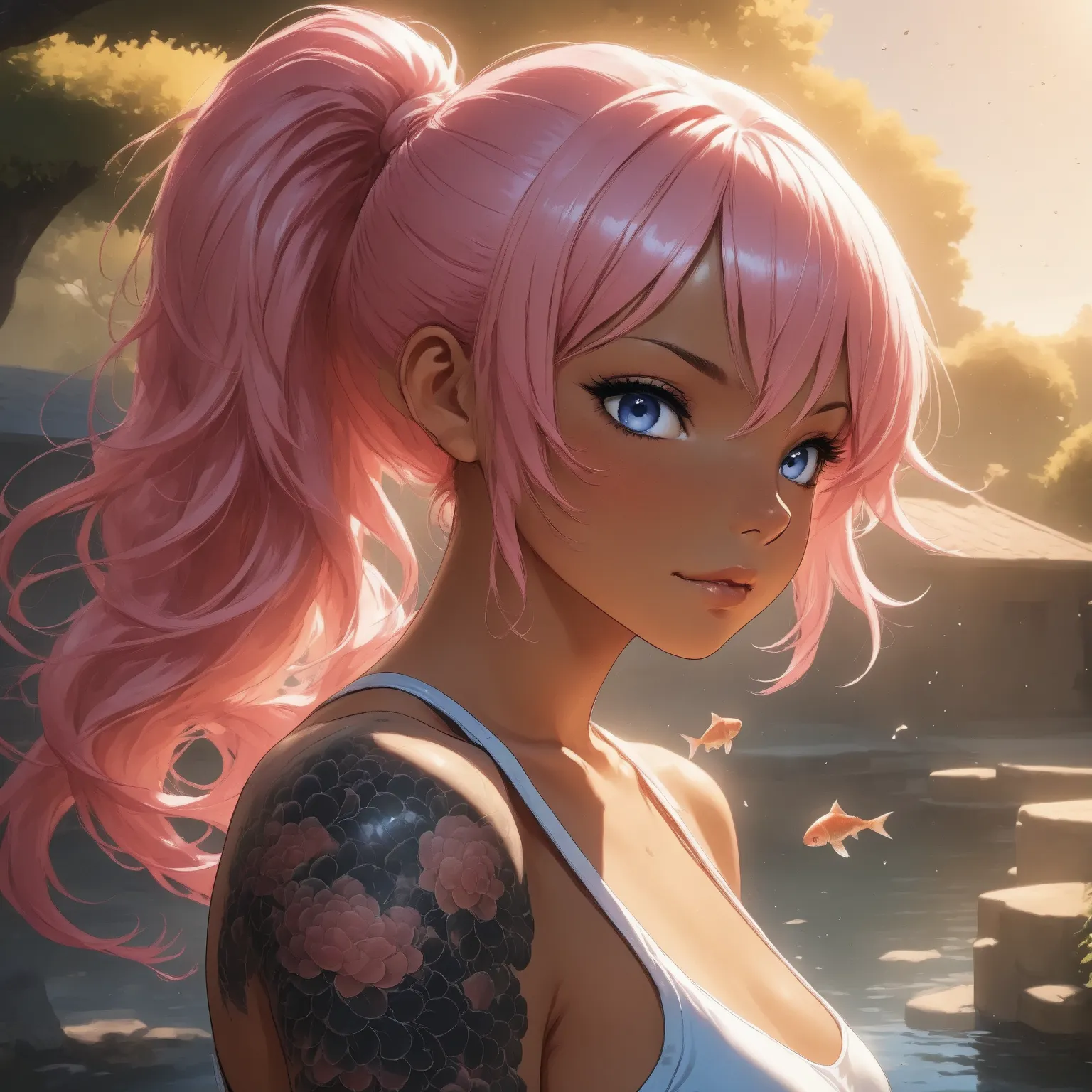 One Beautiful Girl、   masterpiece,   anatomically accurate,   top quality,   anime, pink hair, blue eyes, koi fish tattoo