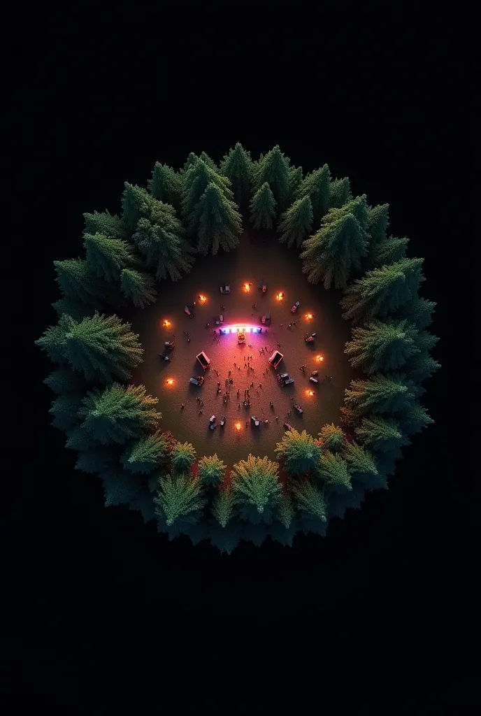 A round patch of forest with many large trees on a black background. In the middle of the forest with an illegal rave party where there are big speakers, in front of which there is a smaller space where people dance. The whole image should be a top view an...