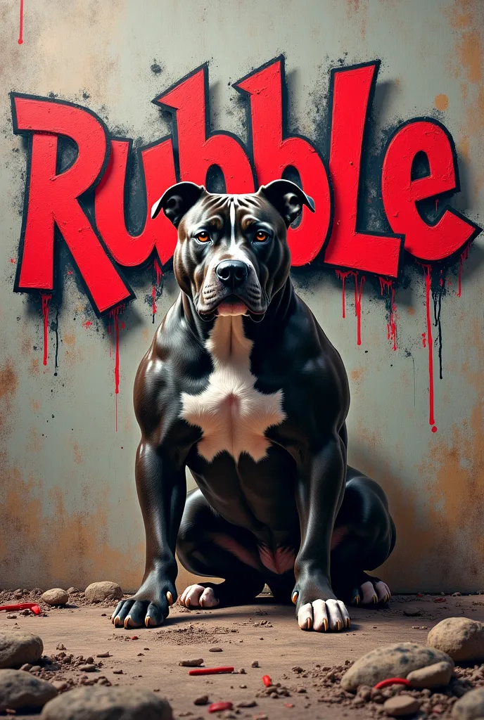 Graffiti con palabra Rubble más hunder grand con fondo de un american bully pocket musculoso