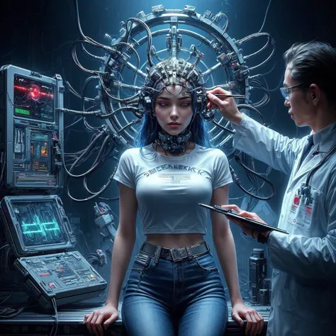 there is a woman with a futuristic brain scanning apparatus and a man in a lab coat, cyberpunk transhumanist, zen méditation cyberpunk, aesthetic cyberpunk, cybernetic implant h 768, has cyberpunk style, cybernetic implant, cyberpunk horror style, cyberpun...