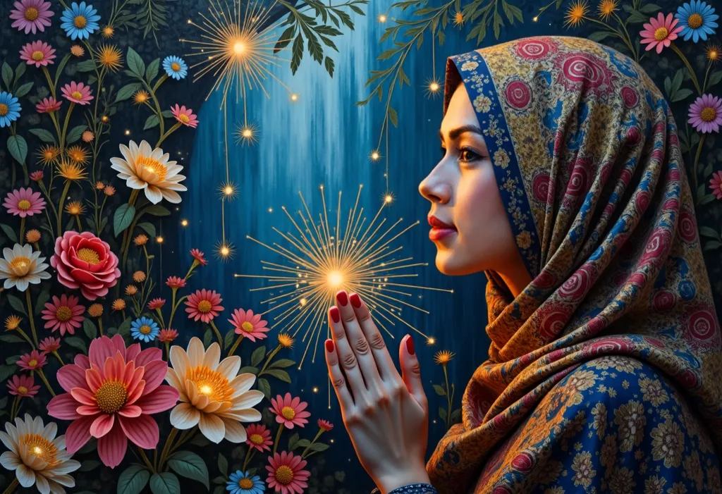 high definition vibrant pure colors , abstract expressionism cubism, , close up hijab woman prayer and enchanted florest, sparks, , blooming floral, Paisley abstract pattern, swirling, filigree, filled with details, waterfall drops, emotionally expressive ...