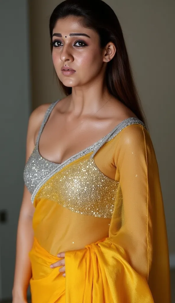 Generate a ultra realistic close up side image of a woman in a golden yellow silk saree. She is wearing a silver shimmering blouse with mirror sequins. It has no sleeves, has a silver satin finish with spaghetti straps. Face and body facing straight at the...