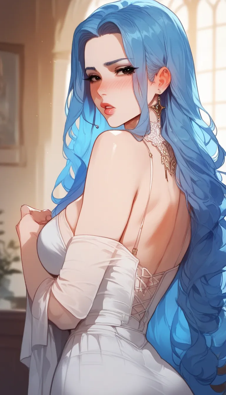 A woman with long blue hair, black eyes, She wears a normal white dress without any details and is blushed