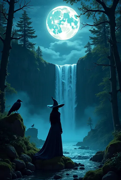 anime, Witch, Forest, dark, Full moon, Stars,  waterfall, raven
