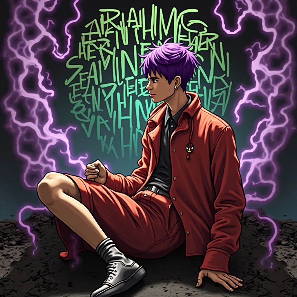 
Color Album Art, hip-hop music album cover, rap album cover , Purple fog ,  purple hair , Spooky, Write Asian voice, so the letters flow down