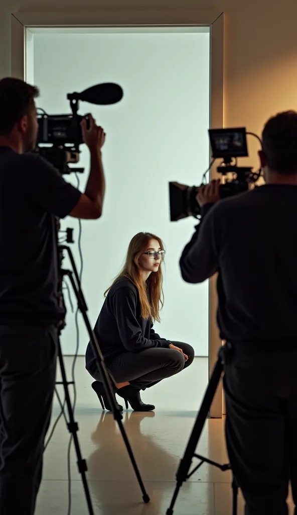 she is seen from far across the room with camera and light crew working in the foreground so she is almost unnoticeable kneeling in the corner