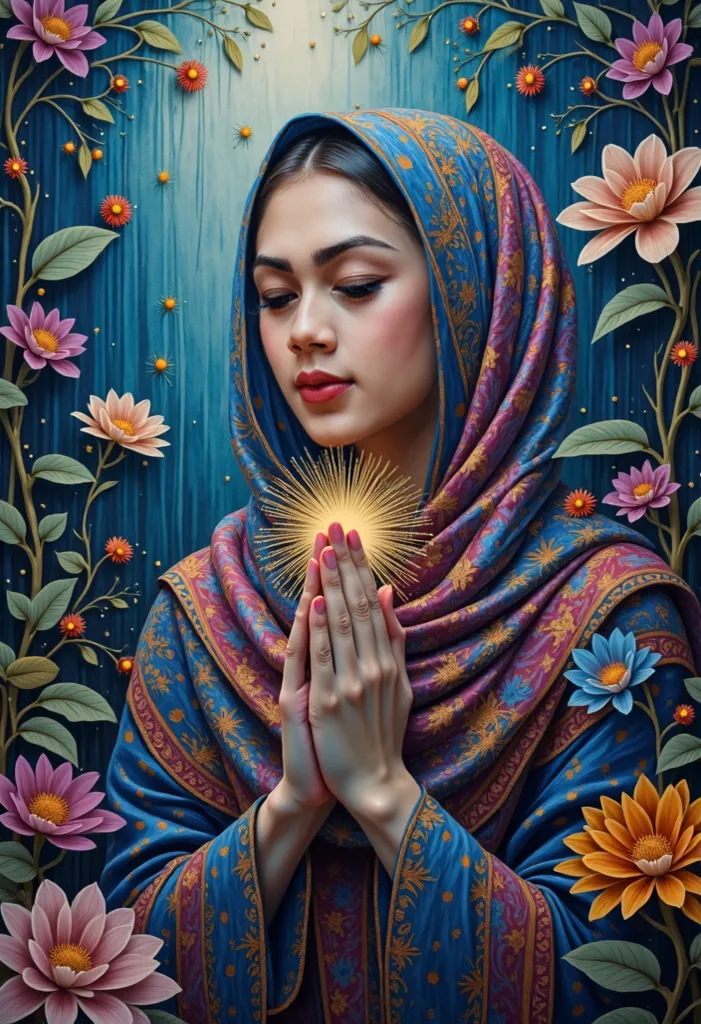 high definition vibrant pure colors , abstract expressionism cubism, , close up hijab woman prayer and enchanted florest, sparks, , blooming floral, Paisley abstract pattern, swirling, filigree, filled with details, waterfall drops, emotionally expressive ...