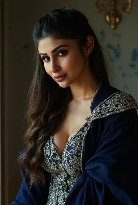 Mouni Roy:1.4, looking at camera, she is 18 year old young girl, laughing in a sexually teasing manner, (((portrait of Mouni Roy, massive breast cleavage, dark blue silver color open chest royal outfit In a Game of thrones))), beautiful long hair tucked be...