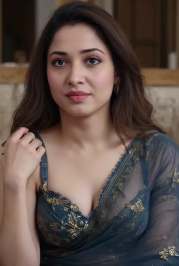 photo of hourglass figure Mature Indian tammana bhatia, wearing dark blue embroidered demi bra deep neck deep cleavage and  peticoat, nude ,in bed,showing her large U cut Cleavage and navel wupt her waist and hip, , , long silky hair, nice curves, sitting ...