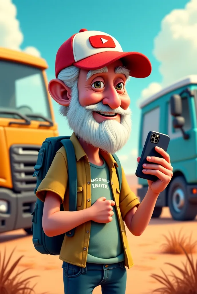 Cartoon of an old man wearing a shirt that says MARCO POLO INVITE and on the cap that has the YouTube logo on the back you can see 2 trucks and in his hand a cell phone recorded a video 