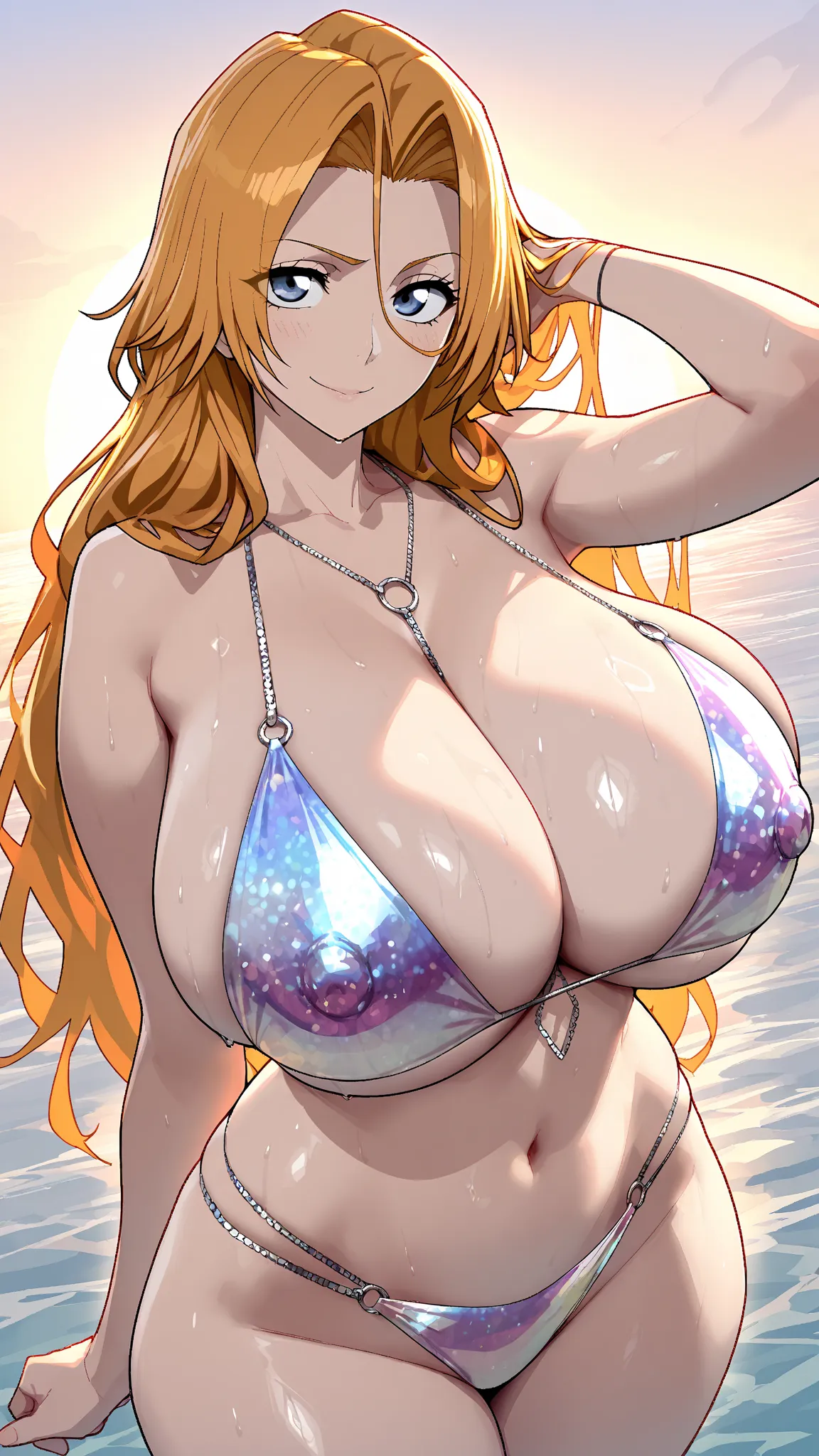 (Matsumoto Rangiku from BLEACH), beautiful girl, glamorous woman, Tall, curvy body, hourglass figure, (gigantic breasts, Erect nipples, gigantic hip, huge and thick thighs), sharp eyes, silky hair, (elegant Swimwear, Shiny glitter bikini, Gorgeous Accessor...