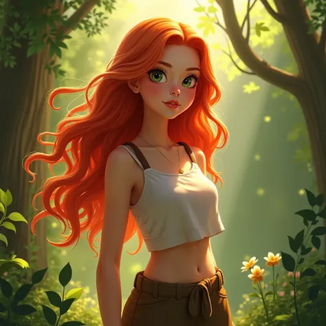 A young girl with vibrant red hair, standing confidently in a natural setting. Her fiery red locks cascade down her shoulders, catching the sunlight and adding a striking contrast to the surrounding greenery. She exudes a sense of warmth and individuality,...