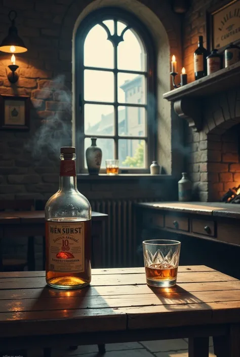  organic watercolor of an empty half-finished whisky bottle on the wooden table, a full half-finished glass on the wooden table, old ancient pub, smoky air, fireplace in background, candle light, dim light, night, illuminated by an old 19th century window.