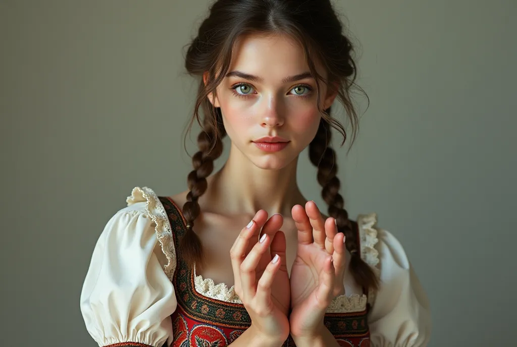 A beautiful young woman in folk costume. Normal beautiful figure, but his mighty big hands and big feet are huge. Nincs cipője!