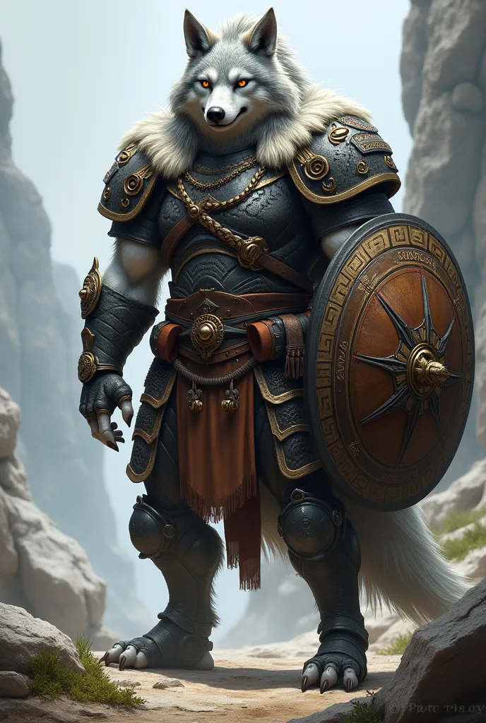 A gray-haired humanoid wolf, Slim body, strong and tall, wears heavy armor with a large shield, , has a friendly look and a Mohican hairstyle 