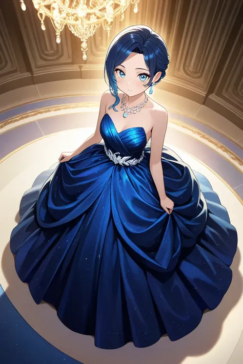 Anime girl, long deep blue hair, light blue eyes, wearing Venetian ball mouth mask,  shiny blue luxurious dress, close up shot from above, shiny ball hall in background, pearl and crystal necklace