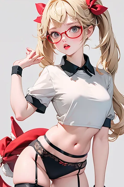 Highest quality、Masterpiece、Realistic、Perfect Anatomy,One Girl，Ash Blonde Hair、Very short stature，Lolita、zoom、cute、Grey Eyes、、Twin tails、Glasses、White T-shirt、()，Red Stockings、Red Garter Belt、belly button，White Space，Black light,wearing a Black gymnastics ...