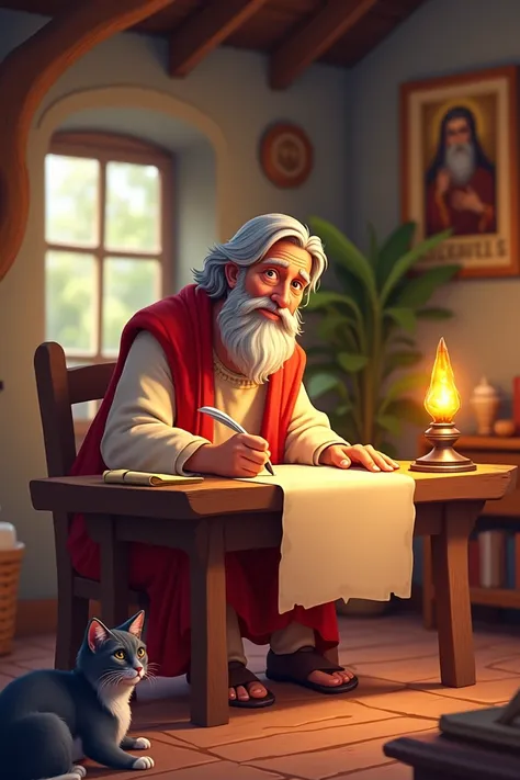 Apostle Peter writing in his house,  cartoon 