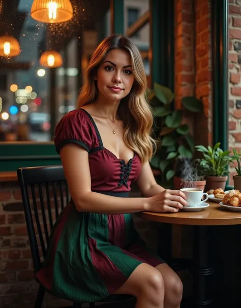 A candid yet refined photograph of a beautiful woman with warm light-brown hair featuring subtle golden highlights. Her long, straight hair is slightly wavy at the ends, falling freely over her shoulders. She has soft facial features, including expressive ...